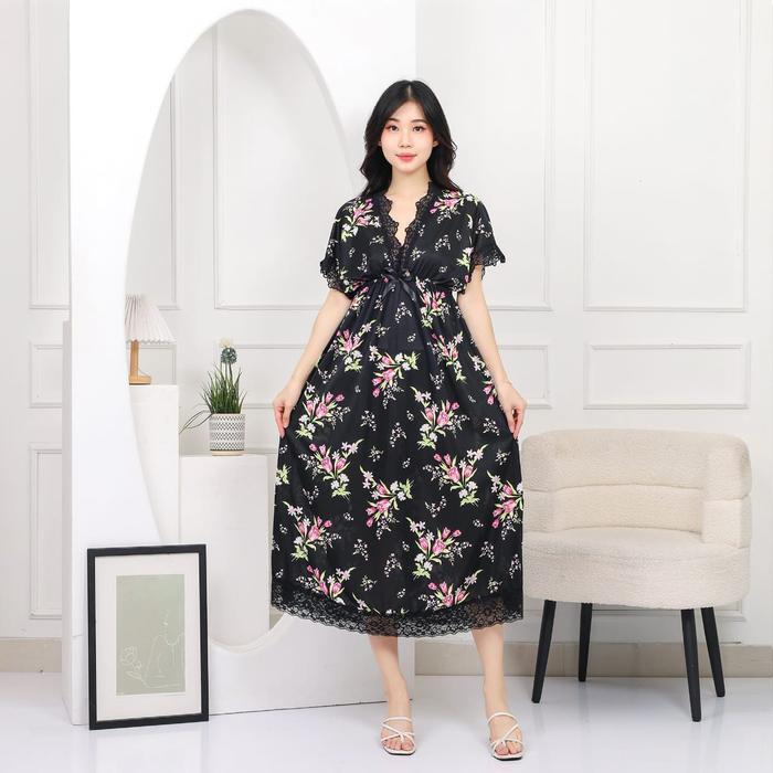 Diskon Vergo - Midi Dress Lingerie Sexy Wanita Jumbo fit XXL Motif Bunga PY 374 Fit Gaun New