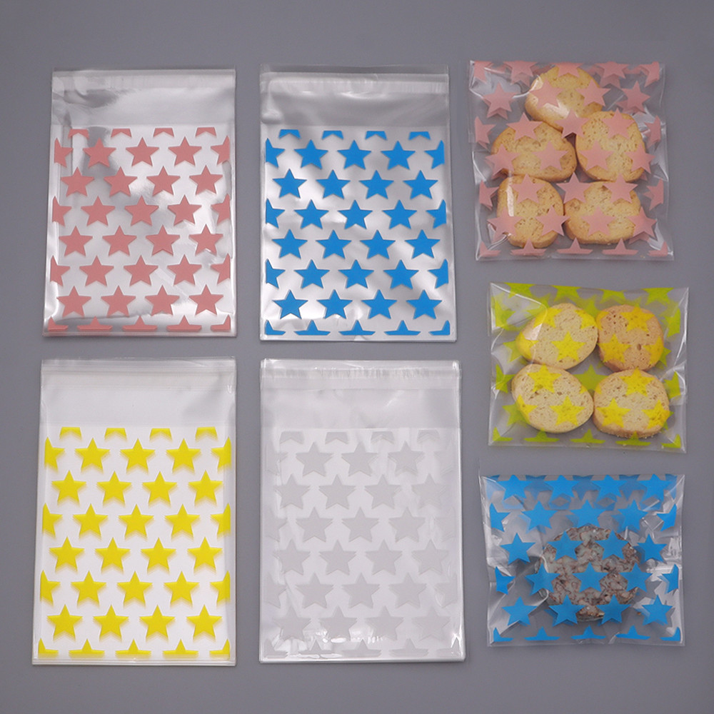 50/100pcs Plastic Transparent Cellophane Candy Bags Self Adhesive Color Stars Candy Cookie Gift Bags
