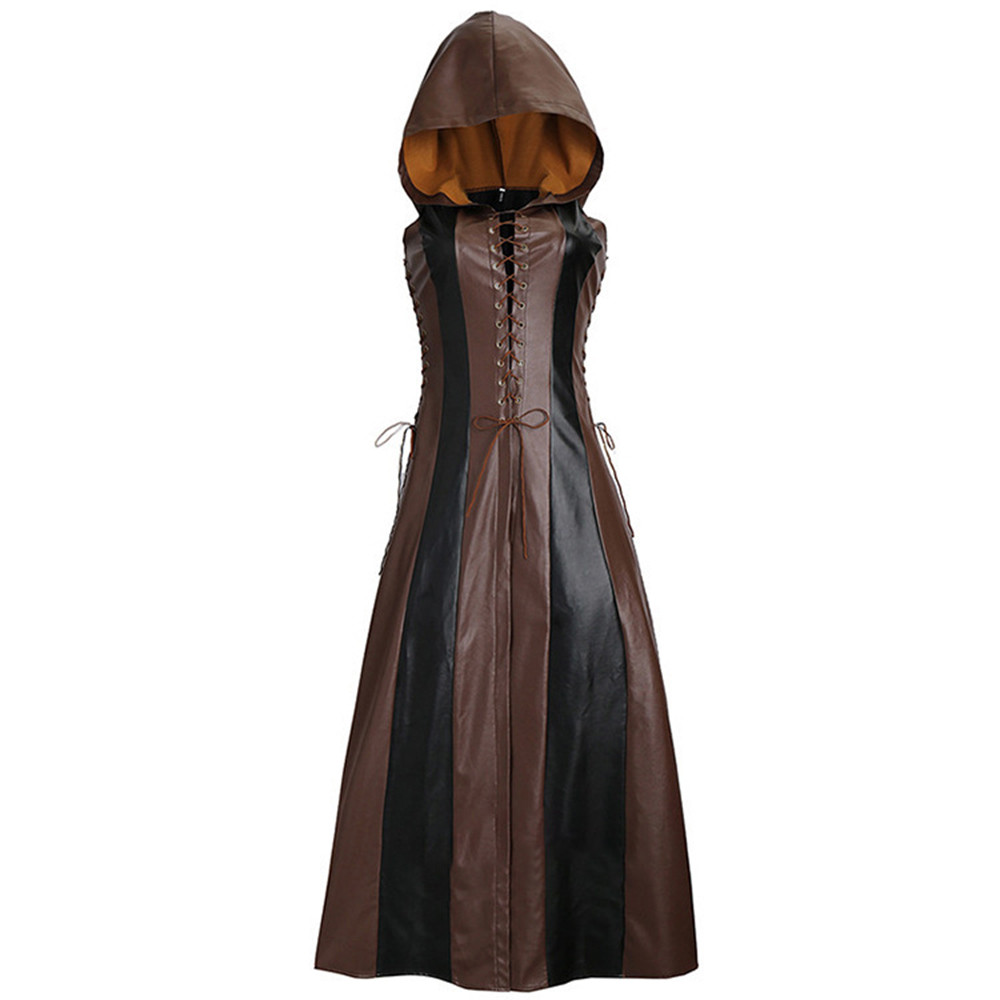 Sexy Lace Up Leather Hooded Medieval Dress Adult Ranger Cosplay Clothes Medieval Halloween Costumes
