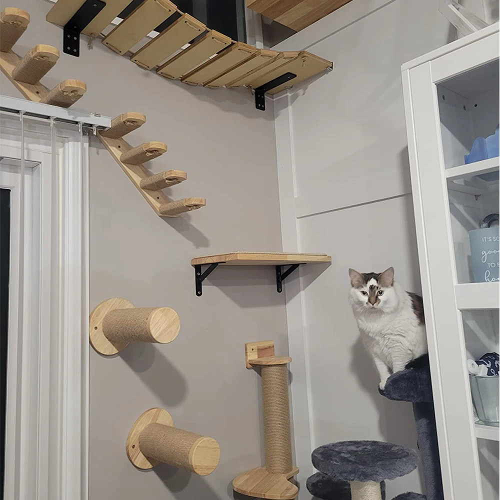 Wooden Cat Tree Tower Wall Mounted Cat Climbing Shelves Hammock Stairs House Cats Walk Playground