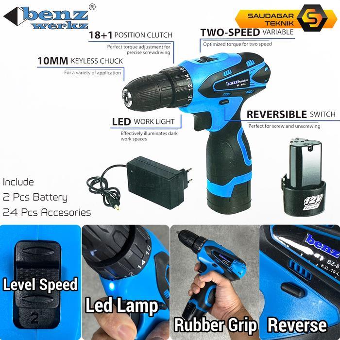 Bor Cordless Drill Benz 18V 12V Mesin Bor Batre Benz 12 V 18 V