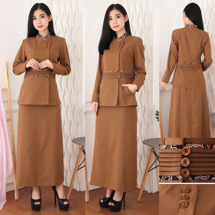 jas guru variasi batik seragam wanita blazer batik cokelat 7007
