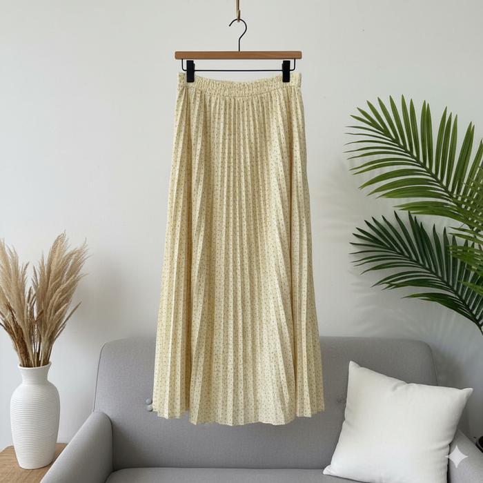 Rok Plisket Motif Anggur Wanita Bawahan Maxi Korean Style Cream - Rok Panjang Muslim