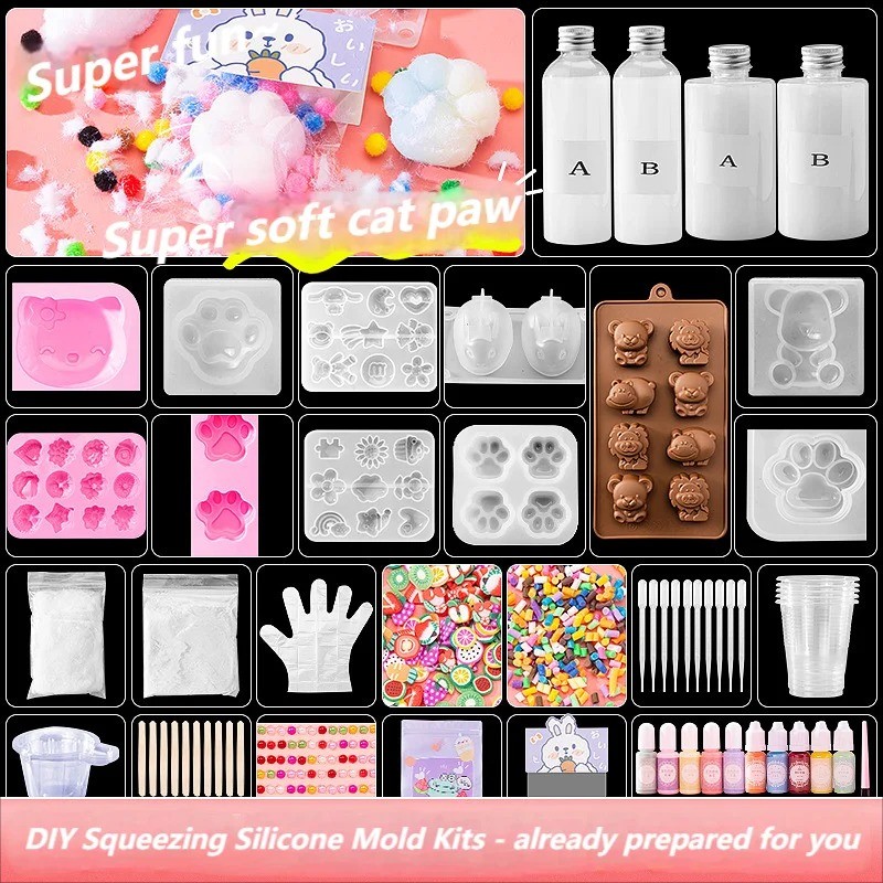 Liquid Silicone Cat Paw Rabbit Mold DIY Stress Relief Soft Slime Maker Kit for Kids Craft Creative