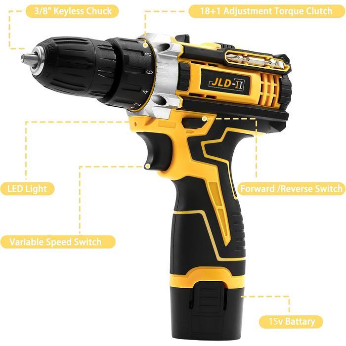 Krisbow - Ii 15Vf Mesin Bor Baterai Tangan Cordless Drill 10Mm Fullset Impact Drill 18+1 Bor Cas
