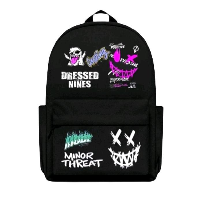 tas sekolah cowok ransel hitam dengan desain grafis unik dressed nines minor threat dan mode untuk