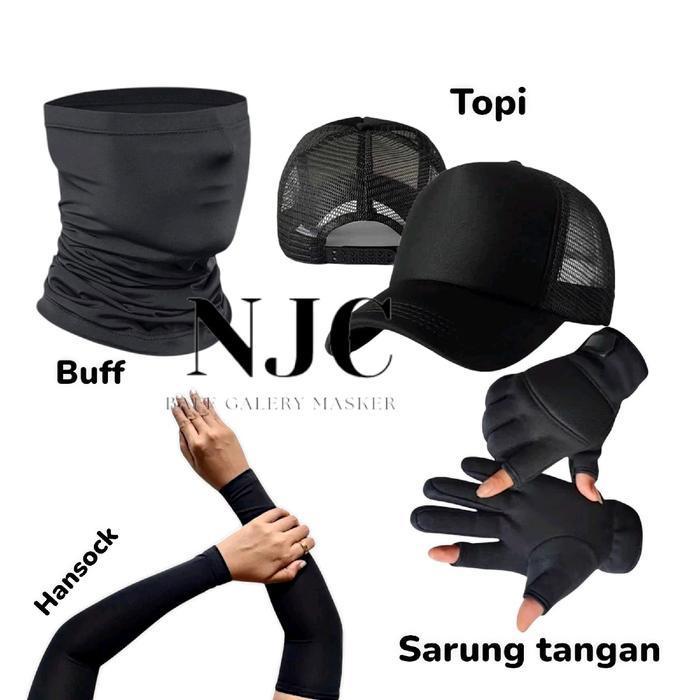 Paket Hemat Mancing (Shimano) Sarung Tangan 2 Jari Buntung+Baff+Manset+Topi Jaring Tbk