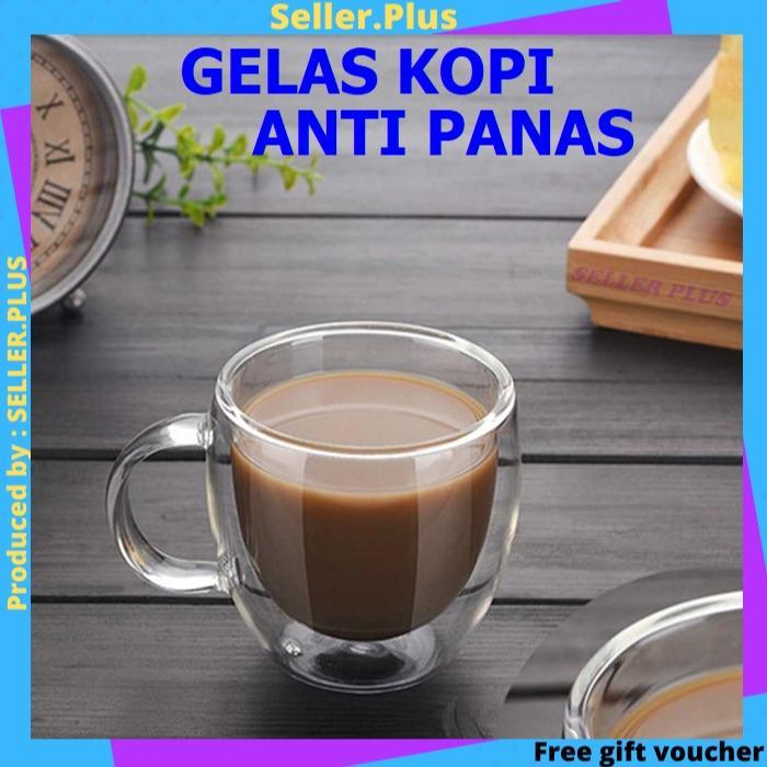 Ready Gelas Cangkir Kopi Anti Panas Double Wall Glass Round Kaca Estetik Gelas Unik Gagang Beling