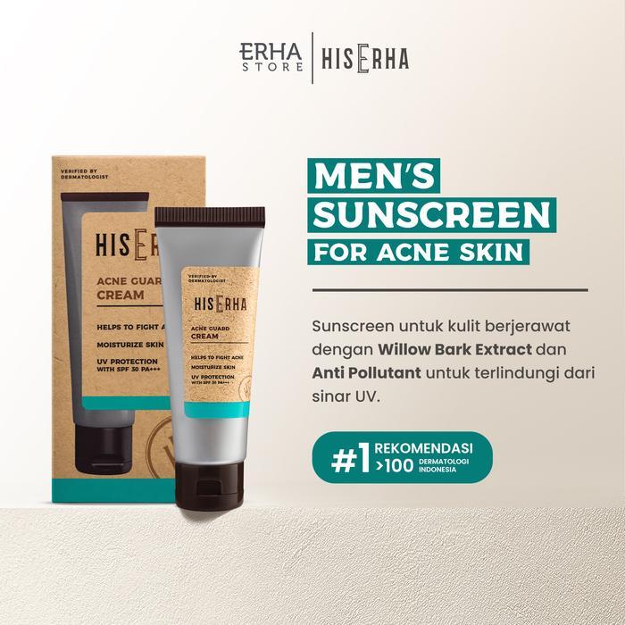 His Erha Acne Guard Cream 20g Sunscreen Pelembap Wajah Pria Aman untuk Kulit Berjerawat,