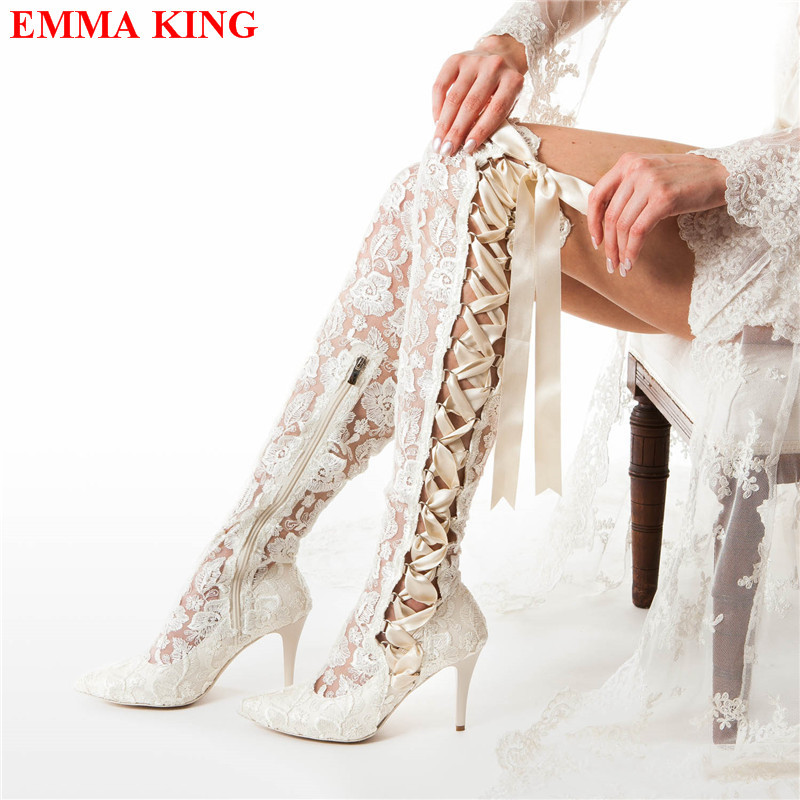 Fashion Black Lace Over The Knee Boots Lace Up Gothic Thigh High Boots High Heels Long Bridal Boots