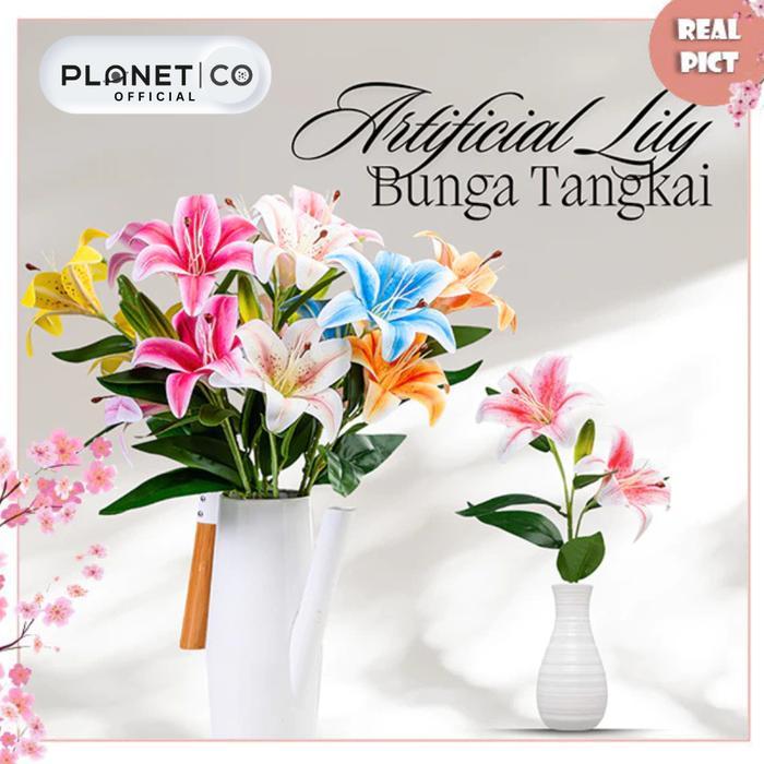 PLANETCO Bunga Hias Plastik Lily Artificial Tangkai Plastik Bunga Lily Anggrek Plastik Tanpa Pot