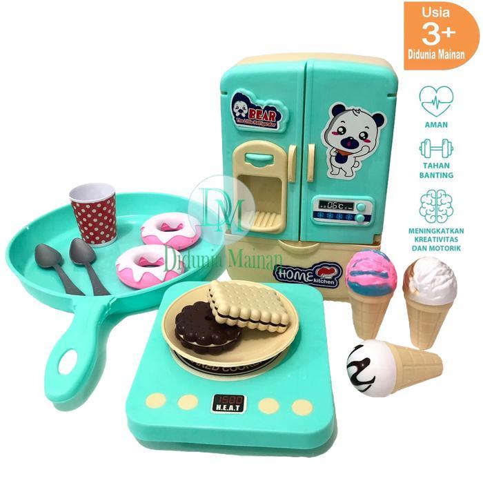 ` Mainan Masak Masakan Anak Perempuan Kitchen Set Panci Teflon Kompor Kulkas Mini Refrigerator
