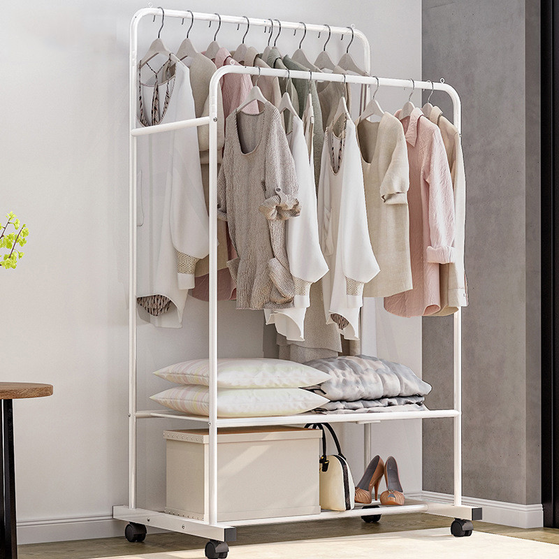 Coat Rack Floor Hanger Storage Wardrobe Clothing Drying Racks Clothes Hanger double rod Floor Cloth 