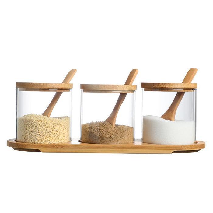 HELU Tempat Bumbu Dapur 3Pcs / Set Jar Bumbu 3in1 Bahan Kaca Alas Kayu + Sendok Kayu Toples