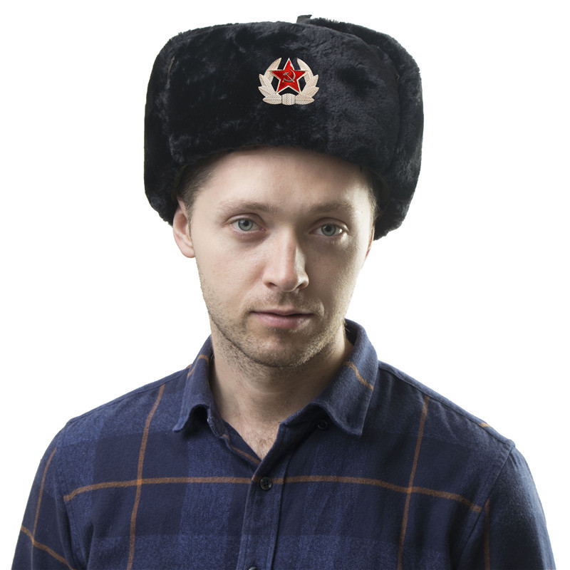 Men's Winter Soviet Badge Lei Feng Hats Russian Ushanka Hat Outdoor Warm Thicken Faux Rabbit Fur