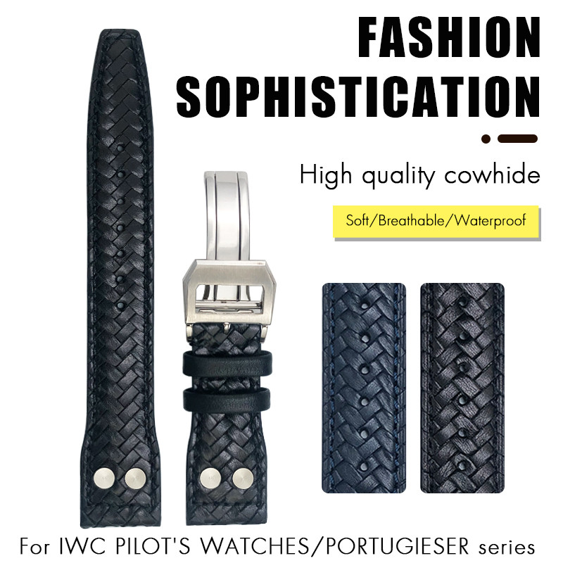 20mm 21mm 22mm Rivet Woven Genuine Leather Watch Band Fit for IWC Big Pilot Portugieser Pilot IW3777