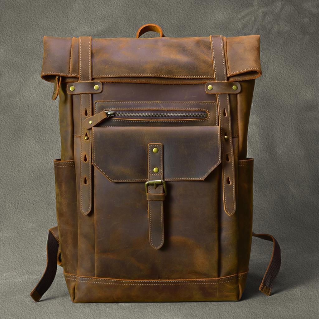 Retro Genuine Leather Men's Backpack Large Hiking Bagpack Bag Crazy Horse Leather Travel Backpack