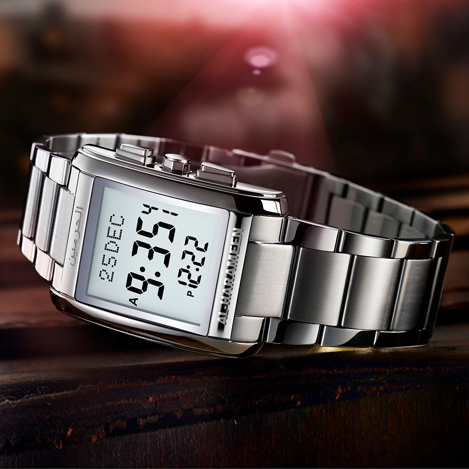 Al Harameen Fajr Watch for Muslim Prayer with Qiblah Adhan Time Backlight Stainless Steel Sappire