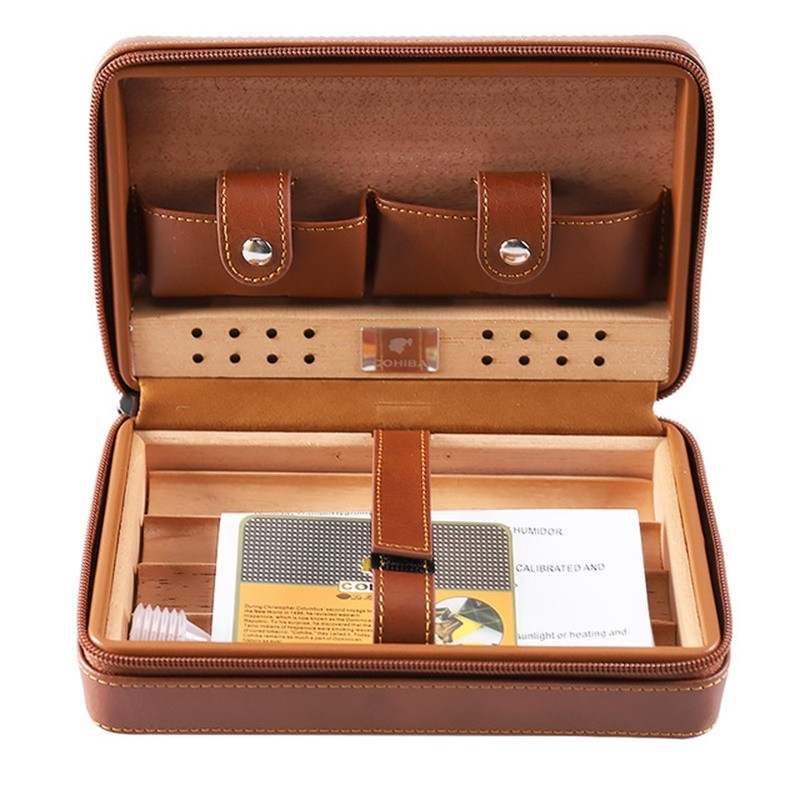 Cedar Wood Portable Cigar Humidor Travel Leather Case Cigars Holder NO Lighter Cutter Humidifier Hum