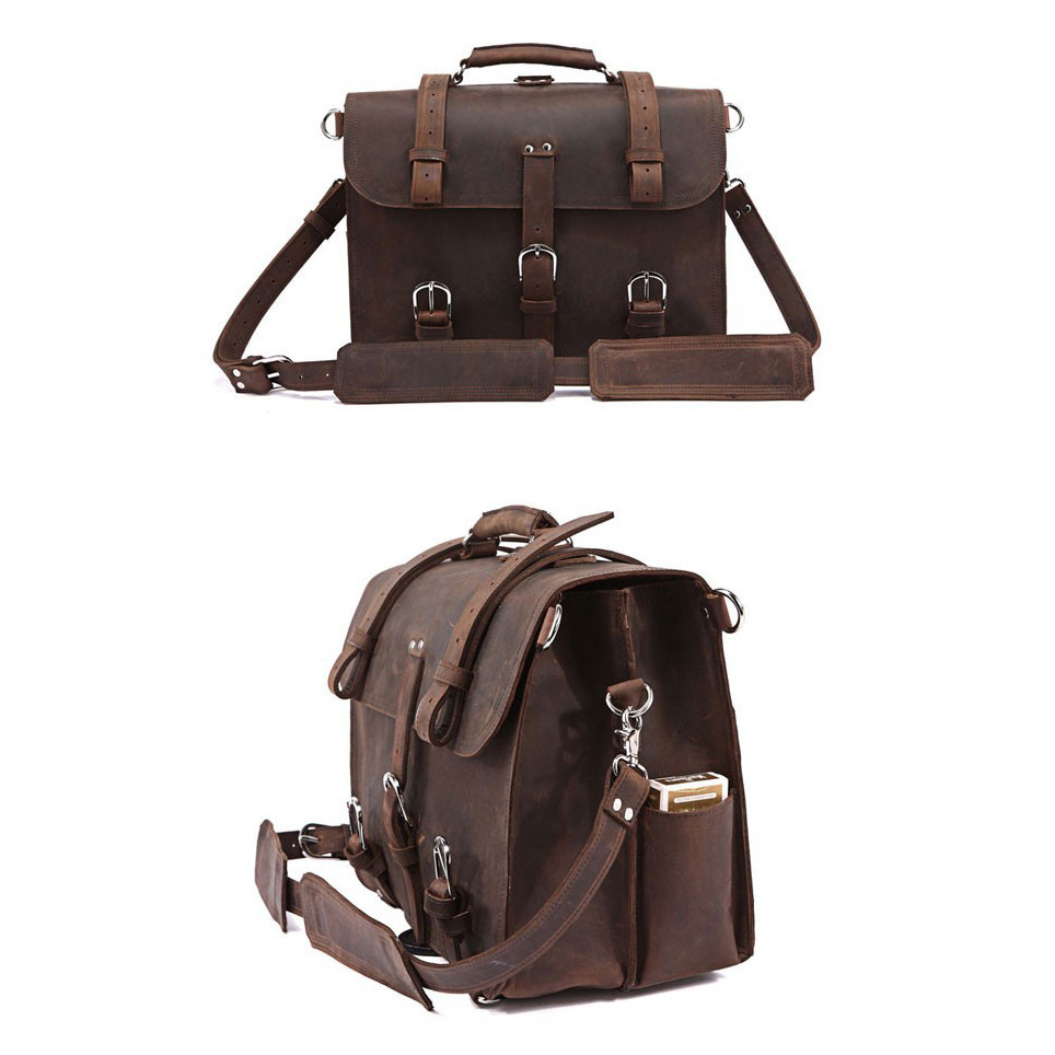 Vintage Crazy Horse Genuine Leather Men Briefcase Business Bag Large Leather Briefcase Male