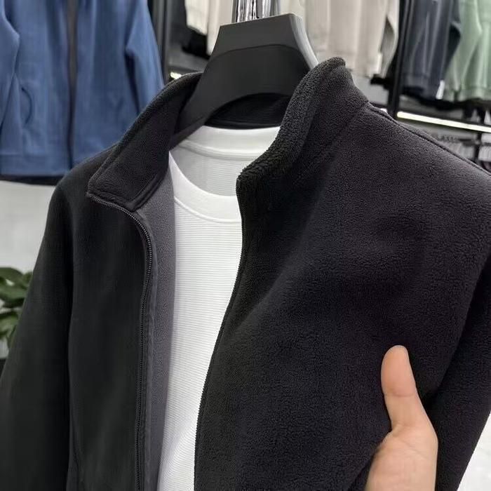 jaket autumn hitam casual jaket polar polos musim dingin tebel pria polos Oversize Jaket Bulu Domba