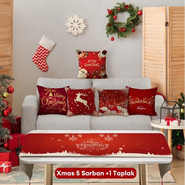 Sarung Bantal Natal + Taplak Meja Natal Set Paket Dekorasi Natal