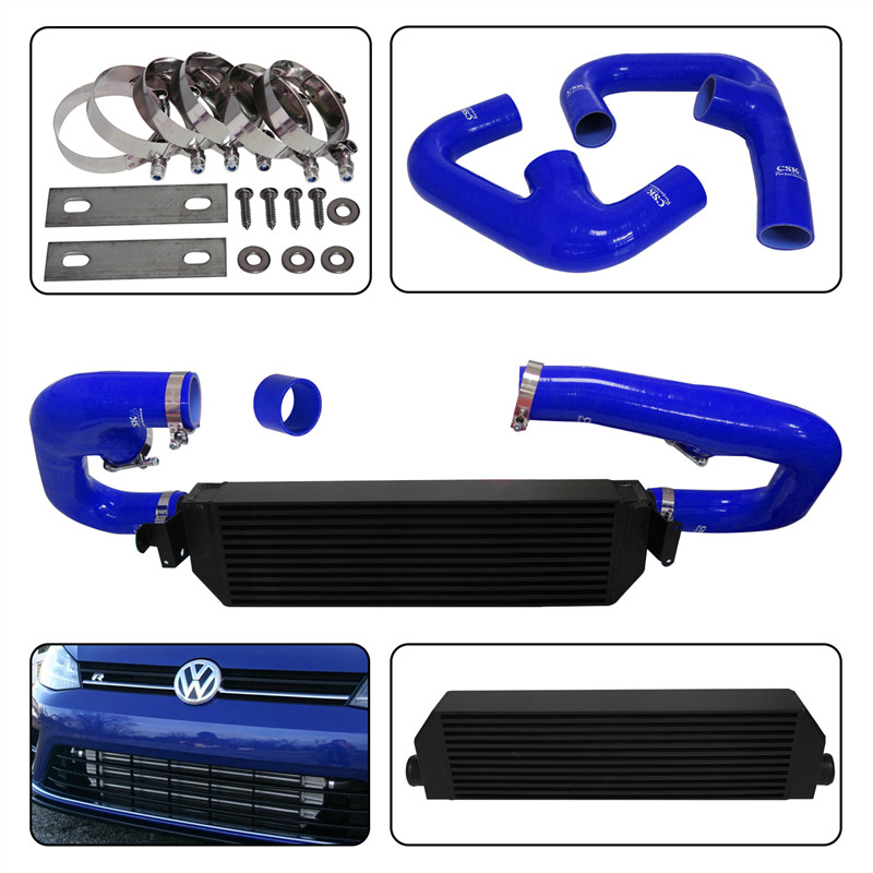BLACK ALUMINUM FRONT TWIN INTERCOOLER WITH HOSE KIT BLACK/BLUE/RED FITS FOR VW GOLF R GTI MK7 2.0T