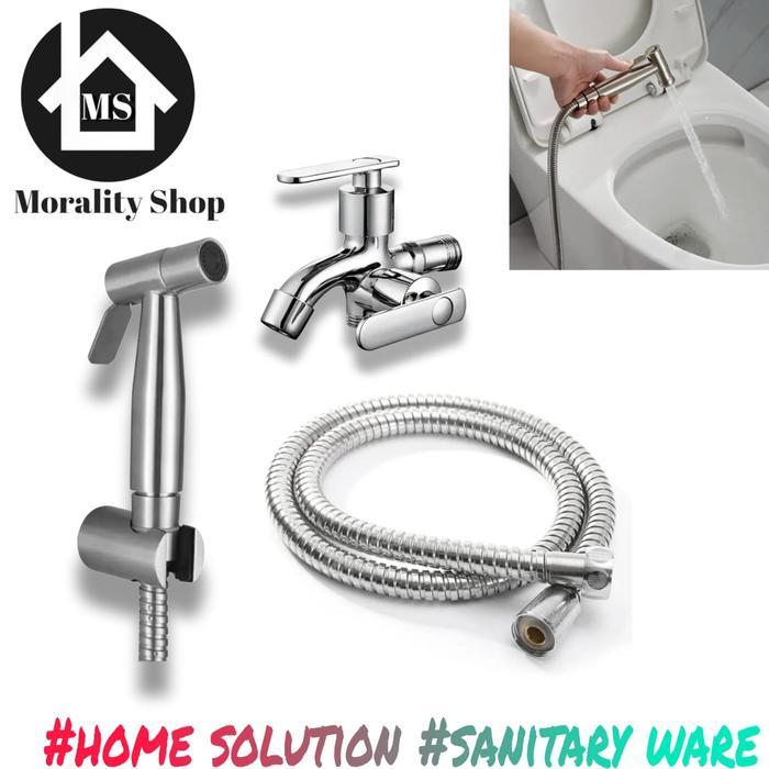 Paket Hemat Jet Shower Cebok Kloset Stainless Set Kran Air Cabang 2 Minimalis Ff / Rt -Gratisongkir