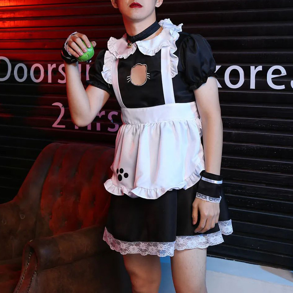 Mens Erotic Sexy Cute Dress Suit Genderless Youth Cosplay Lolita Male Maid Maid Headband Neckband