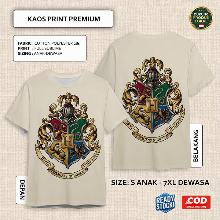 Kaos Harry Potter Hogwarts Full Printing Keren | Baju 3D Anak dan Dewasa Unisex - Super D Store