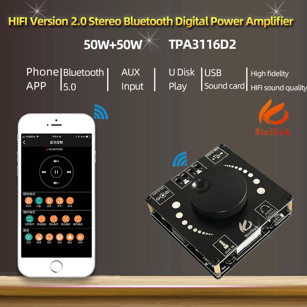 AP50H HIFI Bluetooth 5.0 Wireless Audio TPA3116D2 Digital Power amplifier Stereo board 50Wx2 Amp