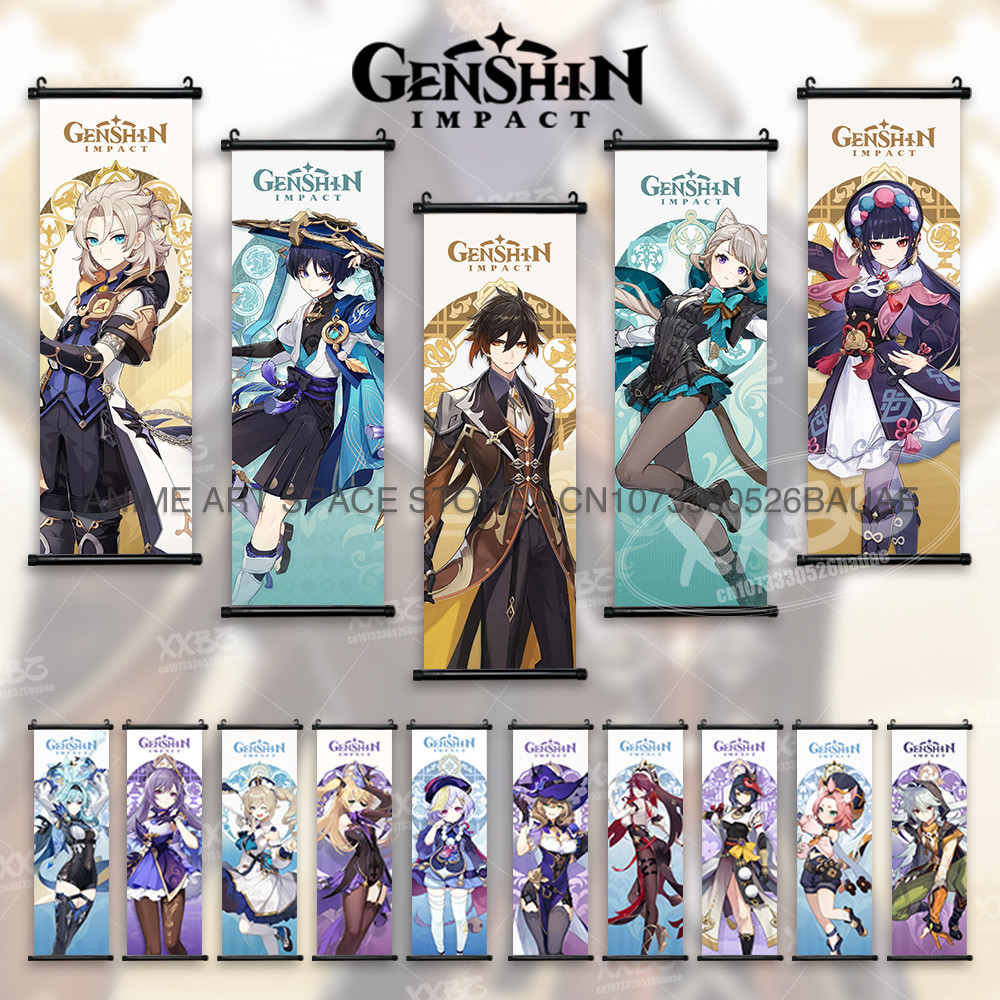 Genshin Impact Hanging Paintings Kawaii Klee Game Decorative Posters Kujo Sara Scrolls Picture Mona