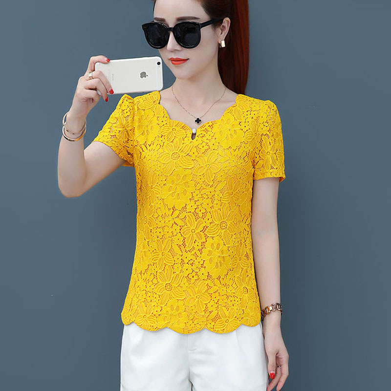 Atasan Wanita Blus Korea Musim Semi Musim Gugur Lengan Pendek Warna Kuning Renda Manis Longgar untuk