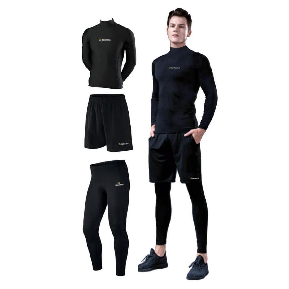 Set Stelan Baselayer 3In1 Stelan Olahraga Pria Manset Olahraga Celana Pendek Dan Legging Panjang