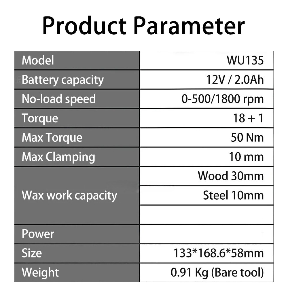 WORX WU135 Cordless Electric Drill 12V 50Nm 1800rpm Brushless Motor Electric Screwdriver Impact