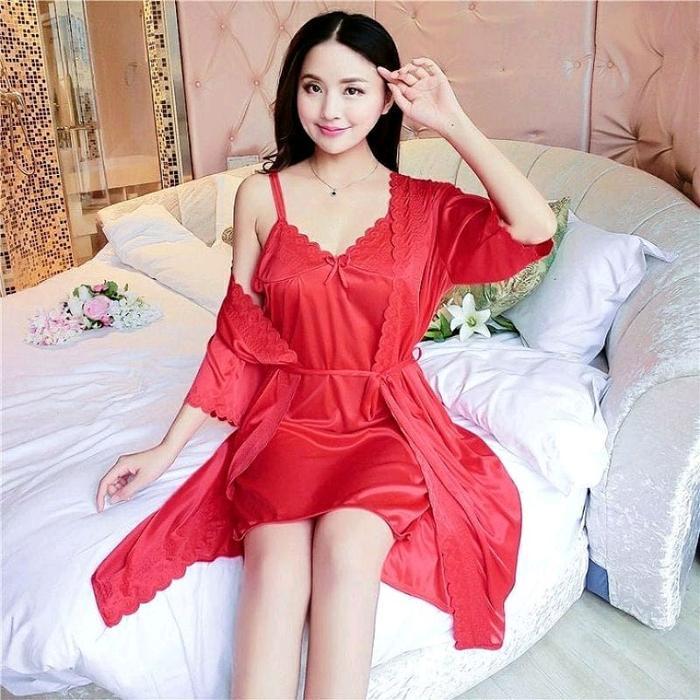 Baju Tidur Wanita Kimono Tricot Lingerie Sexi Satin Set Lingerie Remaja Tricot Merah Kimono Mandi &