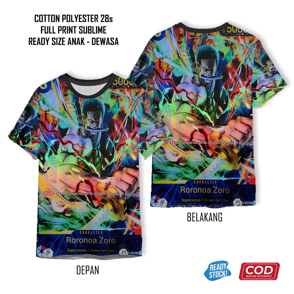 Kaos Kartu One Piece Langka Anime Roronoa Zoro Full Printing Keren | Baju 3D Anak dan Dewasa Unisex 