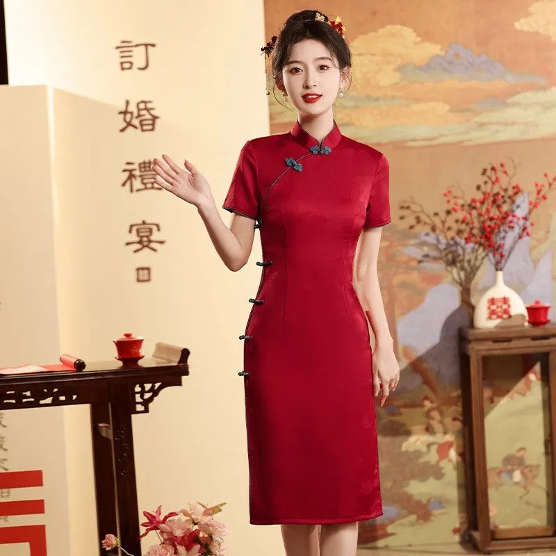 Bride Wedding Party Wine Red Cheongsam Qipao Girl Temperament Chinese Traditional Dress Spring