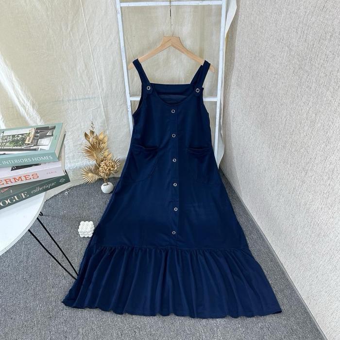 OVERALL DRESS PANJANG WANITA SAKU OUTER KOREAN STYLE PREMIUM LEBARAN Hitam Kancing