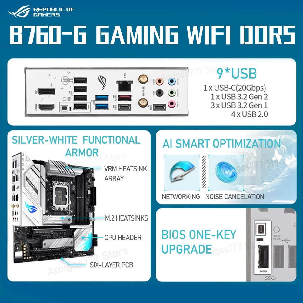 Asus ROG STRIX B760-G GAMING WIFI DDR5 White Motherboard LGA1700 For 13th Gen Core i5 i7 i9 CPU 128G