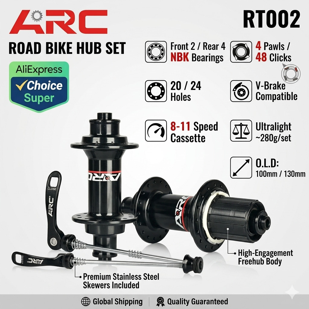 ARC Road Bike Hub Set 4 Pawls 48 Clicks High-Engagement 100/130MM NBK Sealed Bearings 20/24 Holes