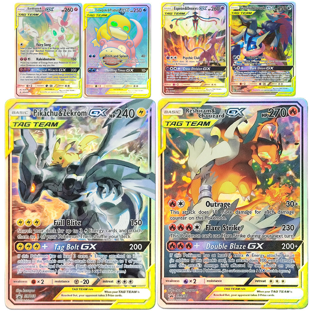 DIY Pokemon PTCG Card TAG TEAM Pikachu & Zekrom Reshiram & Charizard Espeon & Deoxys GX Trading