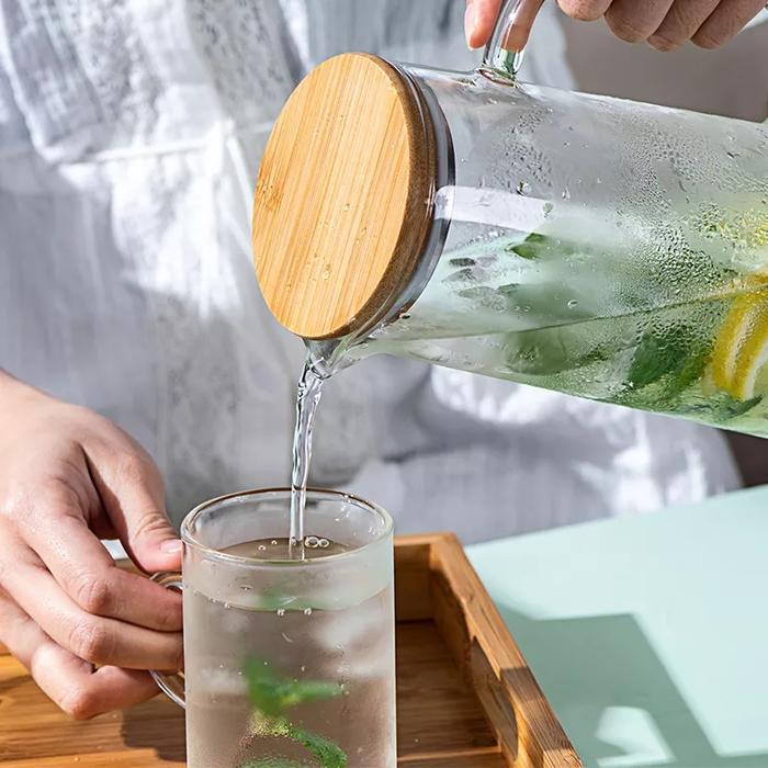 Teko Kaca Tutup Kayu Pitcher Teh Teapot Maker Glass Tahan Panas 1380Ml