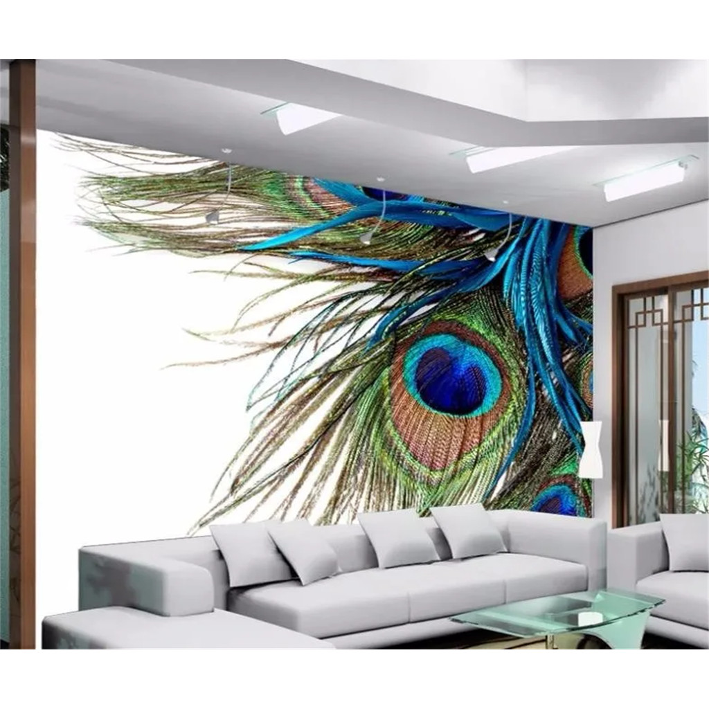 Nordic modern blue feather white marble Peacock feathers Wallpaper TV background wall mural custom w