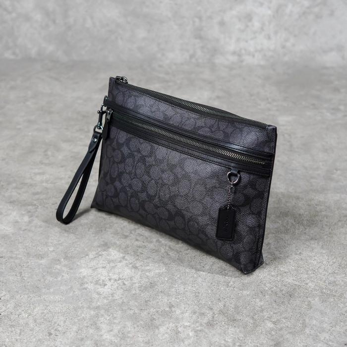 Tas Coach Monogram Line Black Zip Clutch With Handle 100% Original Tbk
