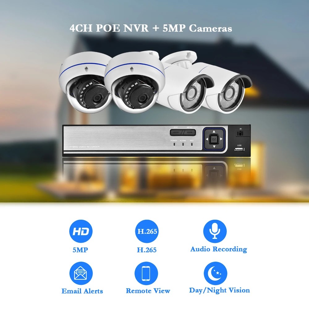 Gadinan 5MP POE NVR CCTV System IP Camera Video Surveillance Kit 2T HD H.265+ Audio Record Home