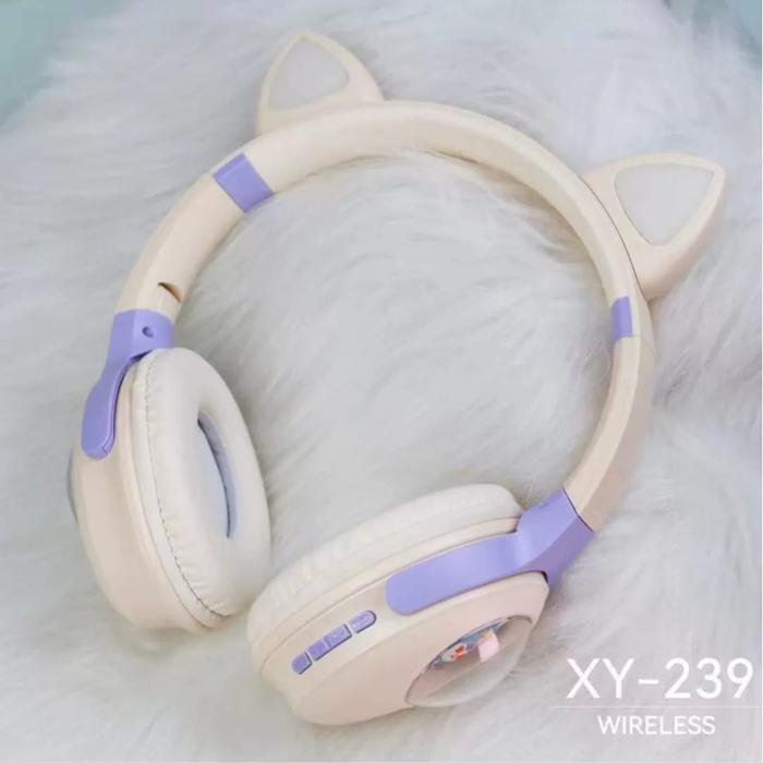 Xy239 Headset Bluetooth Anak Earphone Wireless Karakter Lucu Telinga Kucing Led Hifi Sound Mic