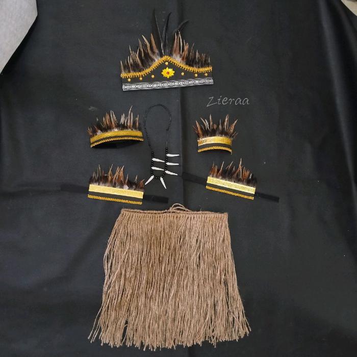 Paket Satu Set Kostum Tari Papua Dayak Ikat Kepala Rok Rumbai