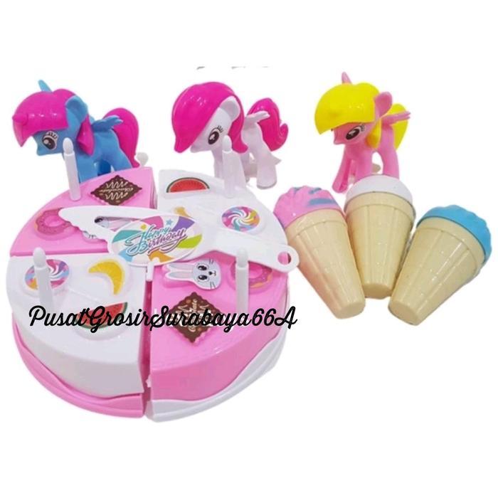 ` Mainan Kue Tart Ulang Tahun Plus 3 Es Krim Dan 3 Kuda Poni / Mainan Kue Potong Ulang Tahun