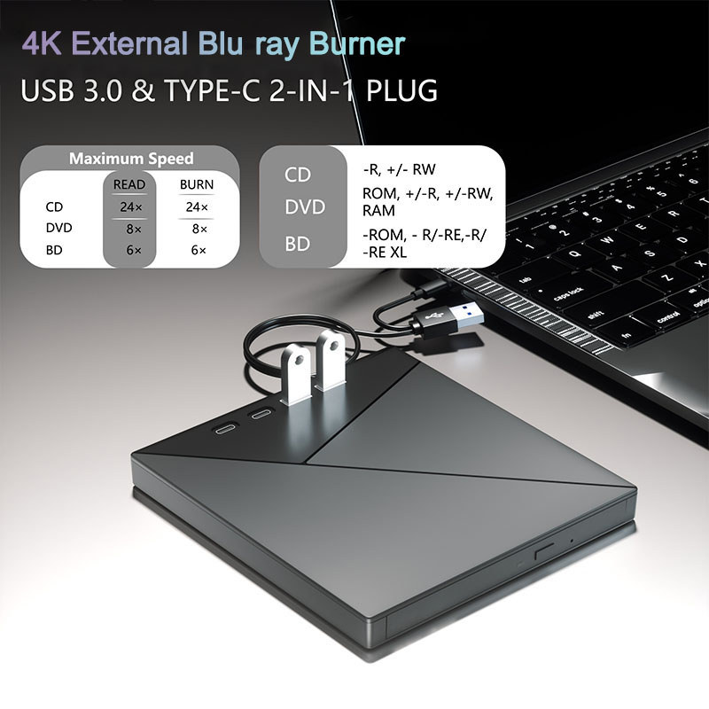 External 4K Blu ray Optical Drive Portable CD DVD +/-RW Player for Laptop PC Bluray Burner with USB